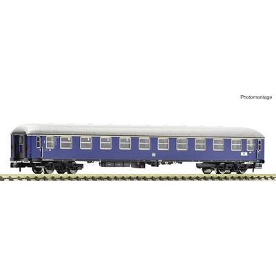 A blue model train carriage on a track. The carriage has multiple rectangular windows and a silver roof edge.