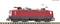 Red electric locomotive of Deutsche Bahn, standing sideways on the tracks, with characteristic pantographs on top.
