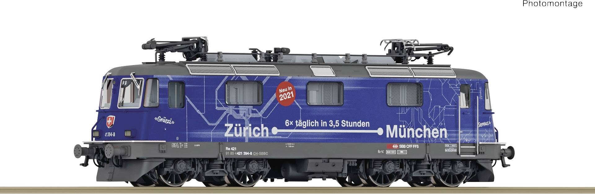 An electric train in blue livery with the inscription 'Zürich ↔ Munich', '8 times daily in 3.5 hours', advertises a train connection.