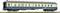 A model of a blue and beige passenger train carriage on a railway track, depicted in detail with windows and doors.