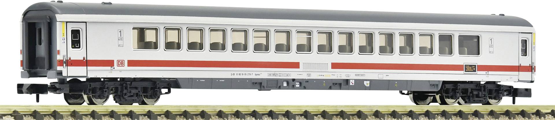 A model of a white ICE train carriage with red stripes, standing on railway tracks, shows window rows and detailed undercarriage parts.
