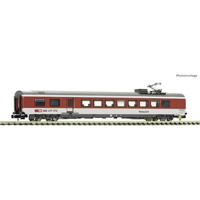 A red and grey Swiss train carriage on railway tracks. The carriage is marked as a 'Restaurant' and features predominantly rectangular windows.