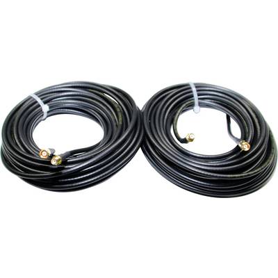 Two long, coiled black coaxial cables with connection plugs at the ends, laid on a light surface.