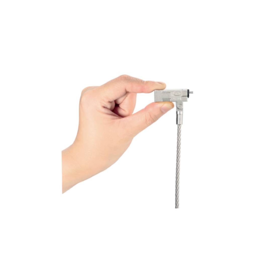 A hand is holding a security cable lock with a thin cable.