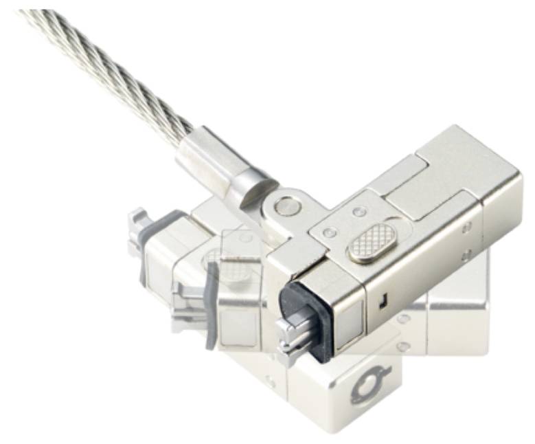 A silver security lock with cable. The lock has a locking mechanism and is connected to a steel cable.