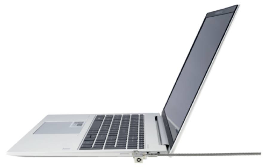 Side view of an open laptop with a silver casing and black keyboard. The screen is slim and slightly angled.