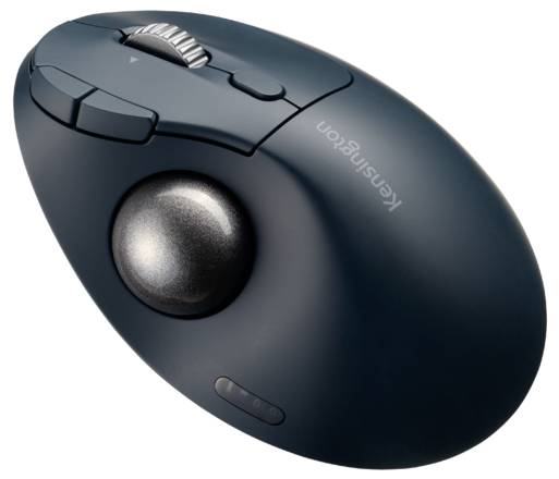 Dark grey ergonomic trackball mouse with silver trackball on top, two buttons and scroll wheel. Ideal for precise control.