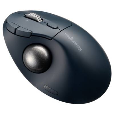 Dark grey ergonomic trackball mouse with silver trackball on top, two buttons and scroll wheel. Ideal for precise control.