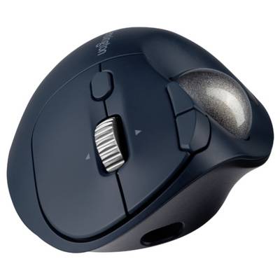 Top-down view of an ergonomic, wireless computer mouse with a trackball on the right side, two buttons and a scroll wheel.