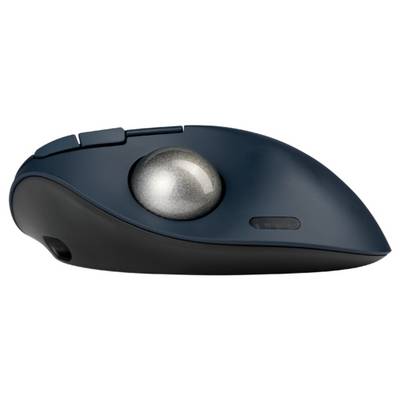 Maritime blue ergonomic trackball mouse with silver ball trackball on top, two click buttons and a side scroll switch.