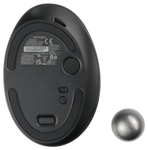 The reverse side of an ergonomic computer mouse with a sensor and buttons, with a removable trackball beside it.