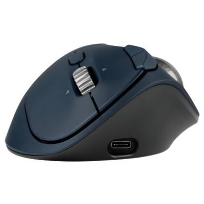 Ergonomic, navy blue computer mouse with thumb control and USB-C port on the side.