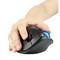 A hand is holding an ergonomic computer mouse with a blue trackball on the left side.