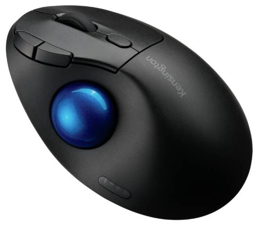 Wireless trackball mouse with ergonomic design and blue trackball on the side, suitable for precise navigation and comfort.