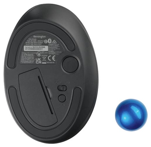 Back of a black wireless computer mouse with visible serial number and certificates. A blue ball lies beside it.