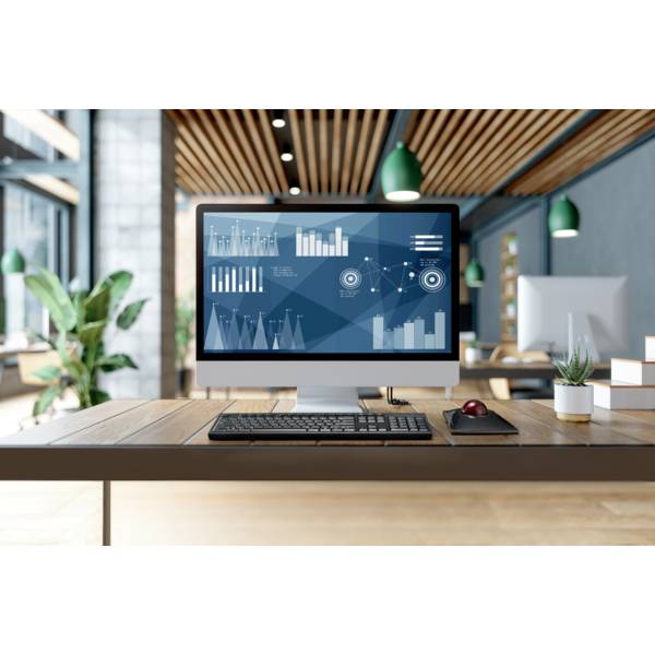 A computer monitor on a desk displays various data and graphics, including bar and pie charts in a modern office.