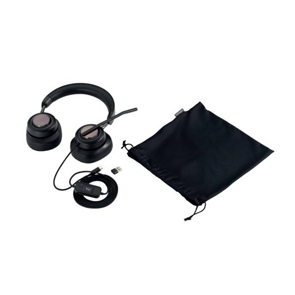 Black headphones with microphone, USB cable and carry case. Perfect for listening to music or online calls.