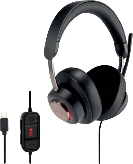 Black over-ear headphones with integrated microphone and volume control on the cable, suitable for computers and gaming.