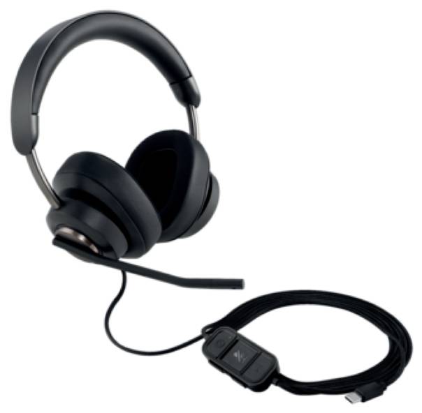 Wired black over-ear headset with microphone and inline controls, suitable for phone calls and online meetings.