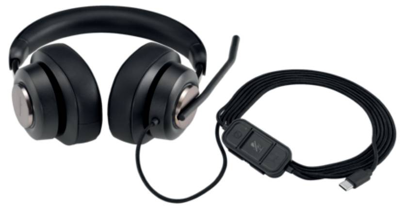 Black headset with microphone and cable, attached to a control unit. Suitable for communication or gaming.