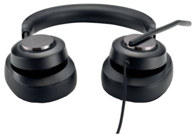 Black on-ear headset with microphone, suitable for telephone calls or online meetings.