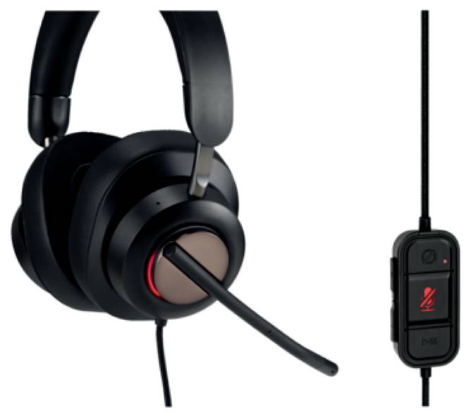A black over-ear headset with an integrated microphone and controls, including a mute button on the cable.