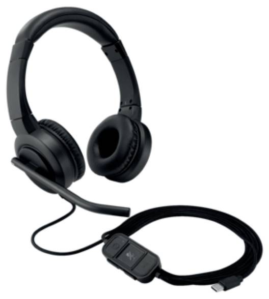 Black, wired headset with microphone arm and inline controls, suitable for audio calls and online communication.