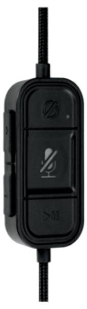 Black remote control with three symbols: volume up, microphone off (crossed-out microphone), and volume down.