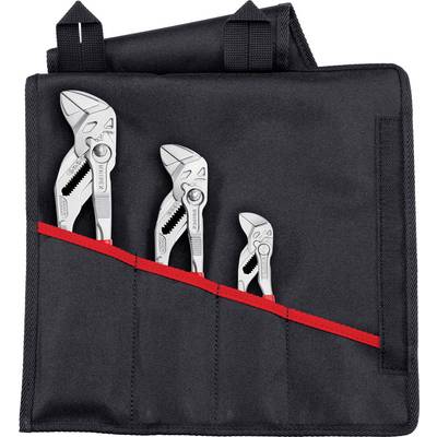 Three silver plier keys of different sizes in a black bag with red compartments.