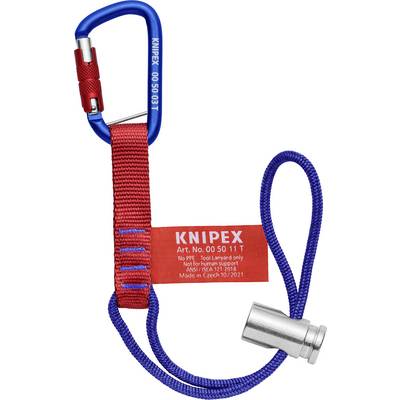 Blue carabiner with red band and blue rope, labelled 'KNIPEX Art. No 00 50 11 T', not suitable for personal safety.