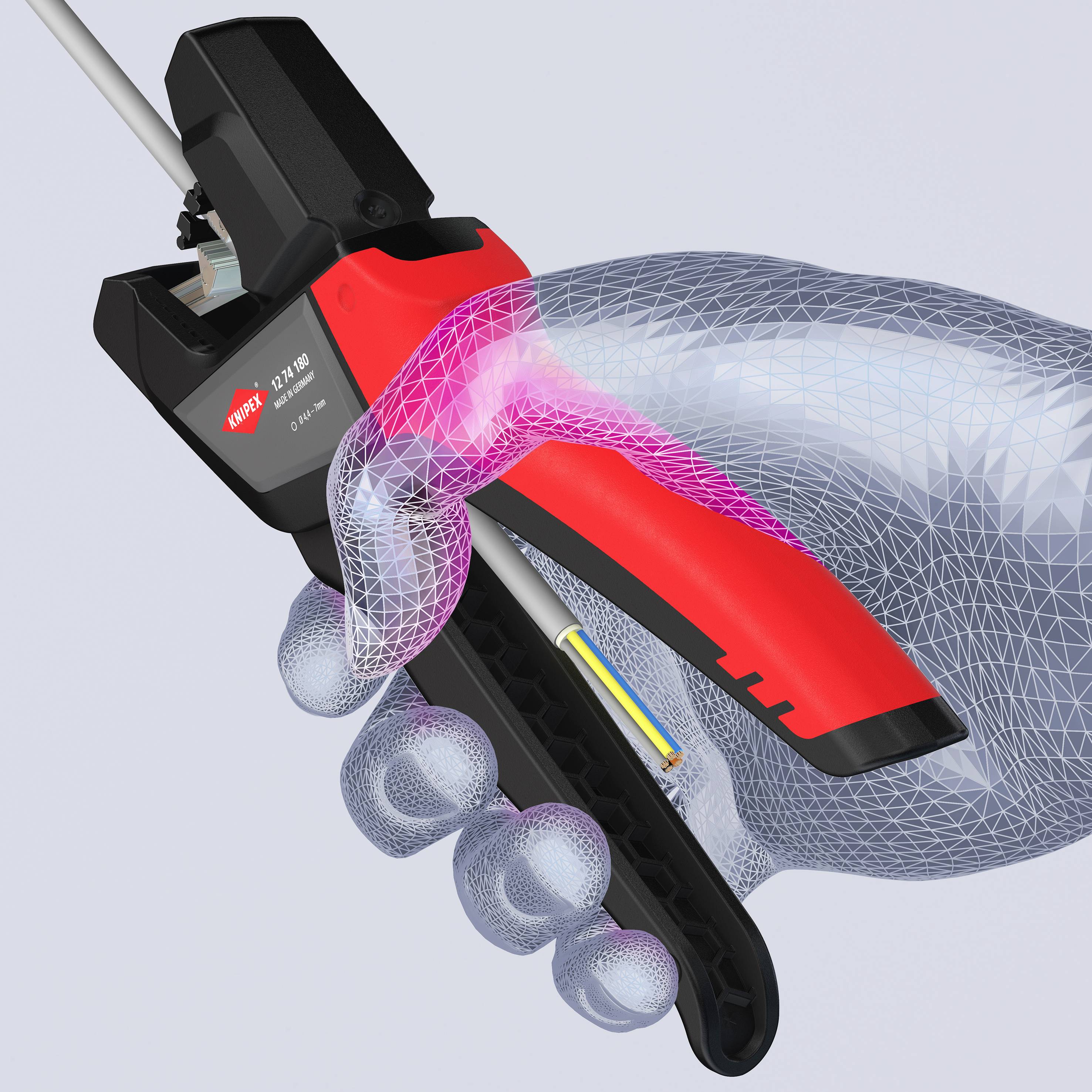 A 3D printing tool is being held by a hand. The tool is red and black, and a technical illustration reveals its internal structure.