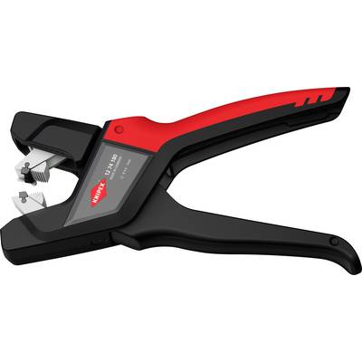 Pictured is a red and black wire stripper with a metal cutting edge, suitable for removing insulation from wires.