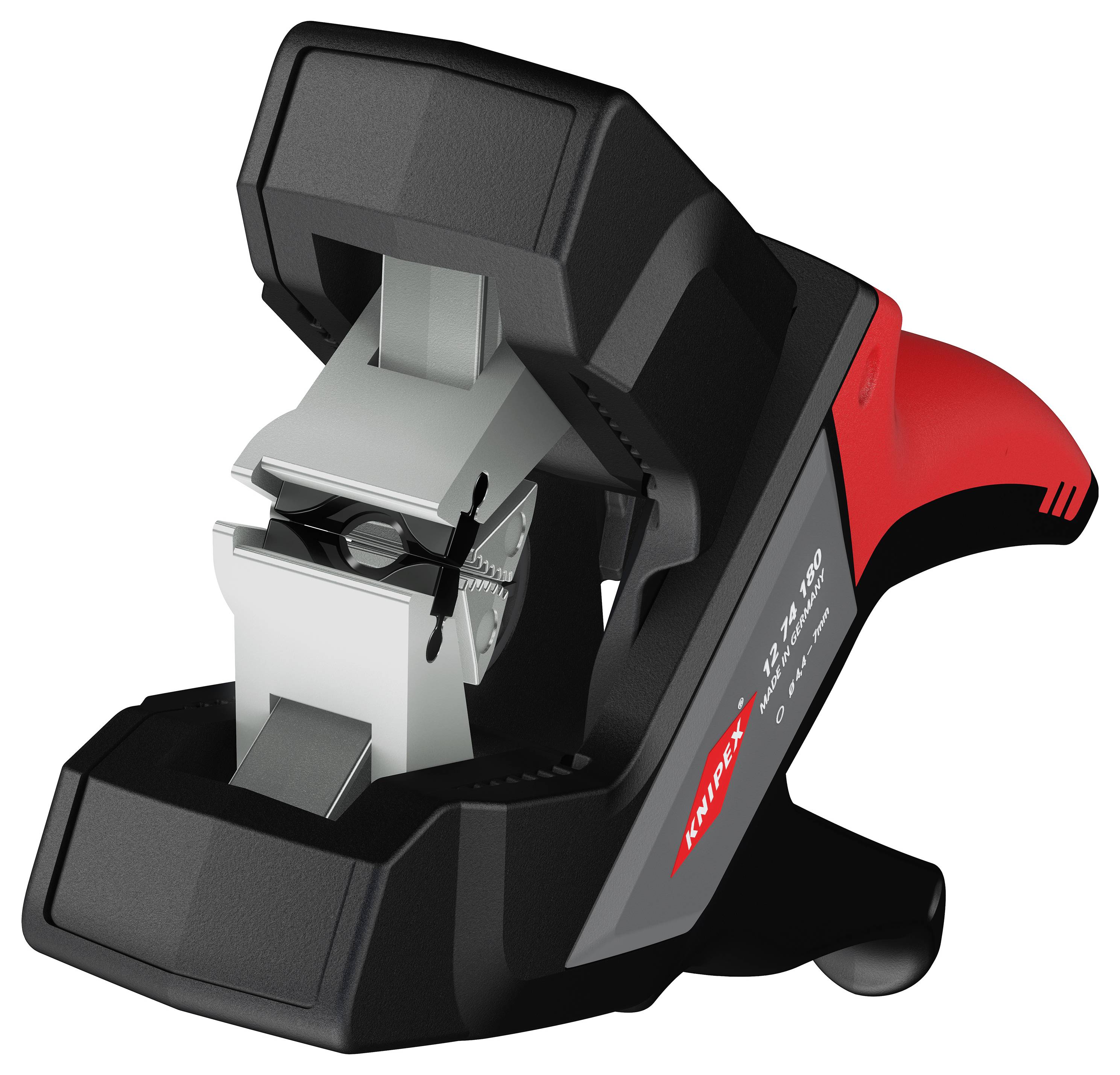 Safety folding knife with a black handle and red-accented slide switch.