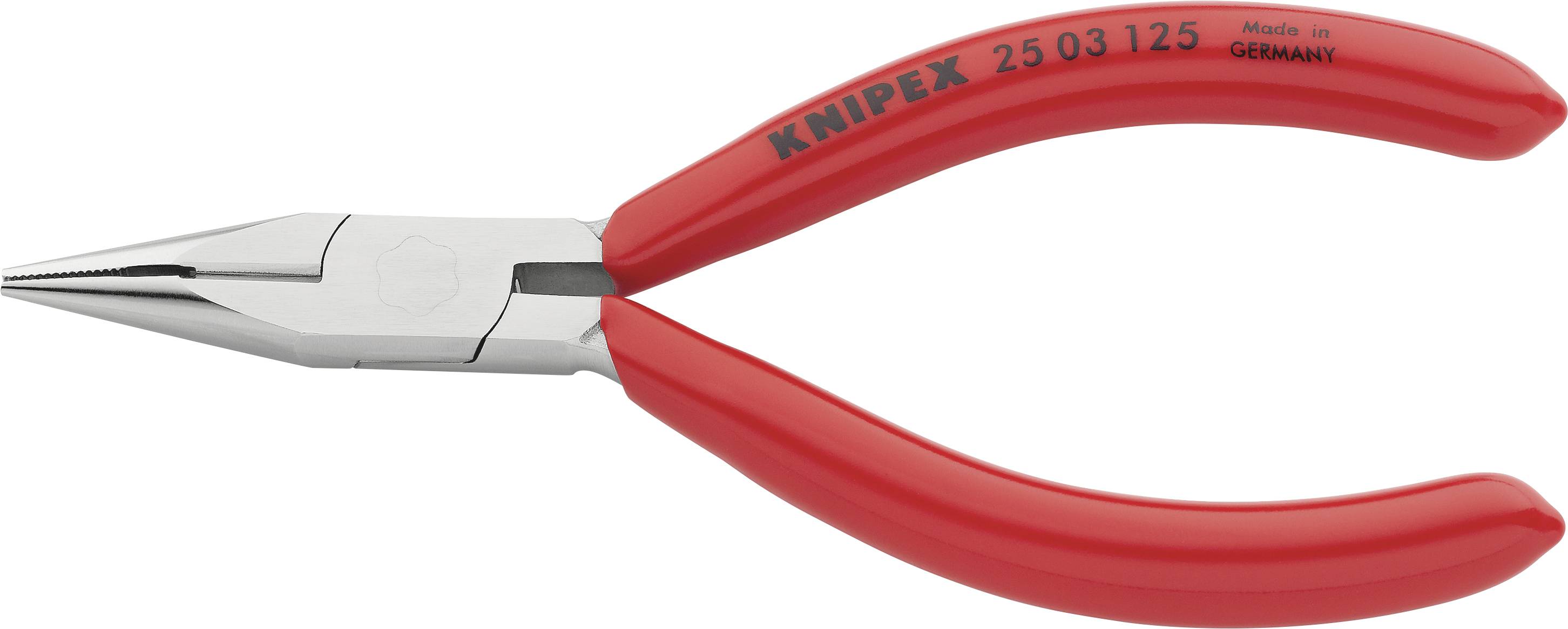 The image shows a red pointed pliers by Knipex with narrow gripping jaws. 'Made in Germany' is printed on the handle.