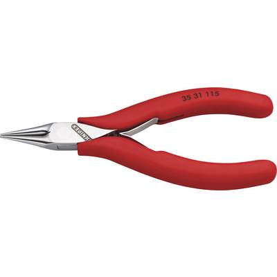 Red precision pliers with long, narrow jaws and black lettering on the handle, suitable for precision mechanical work.