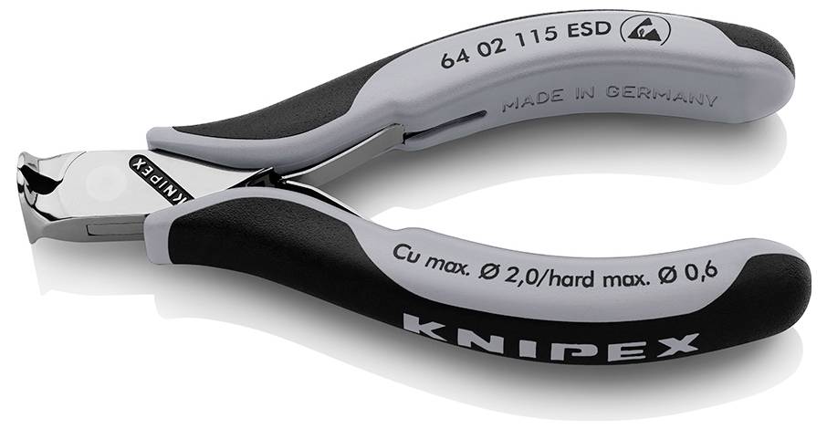 A grey-black precision pliers by Knipex, suitable for copper wires up to 2.0 mm in diameter. Made in Germany.