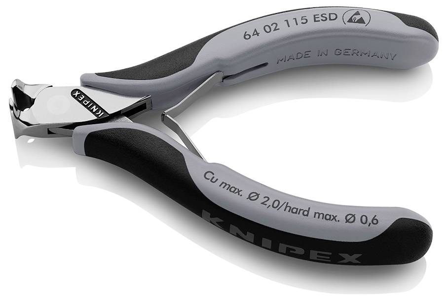 Black side cutter by Knipex with grey handles and inscription 'Cu max: Ø 2.0/hard max: Ø 0.6', suitable for precise cutting.