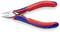 Pliers cutter with red and blue metal handle, brand name 'KNIPEX' and technical specifications visible on the handles.