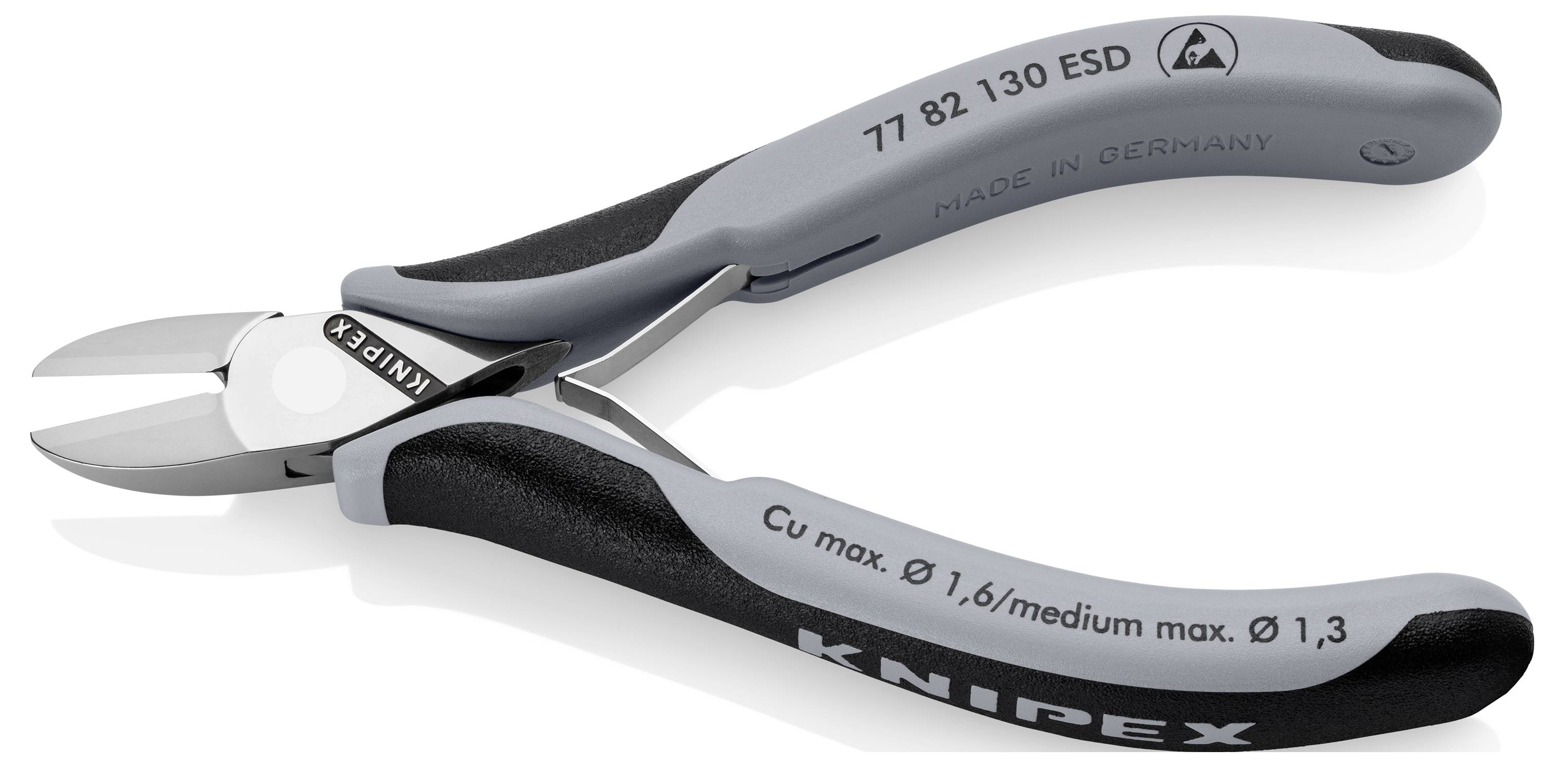 A grey-black Knipex precision side cutting pliers, marked with '77 82 130 ESD' and 'Made in Germany' on the handle.