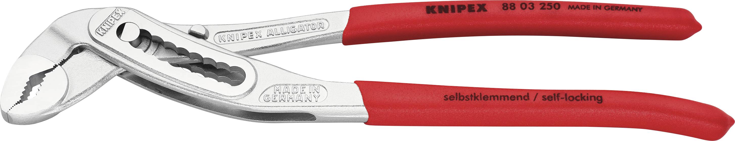 Red Knipex water pump pliers with adjustable grip range and self-locking jaw adjustment, suitable for pipe installations.