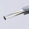A pair of tweezers holds a tiny microchip against a grey background.