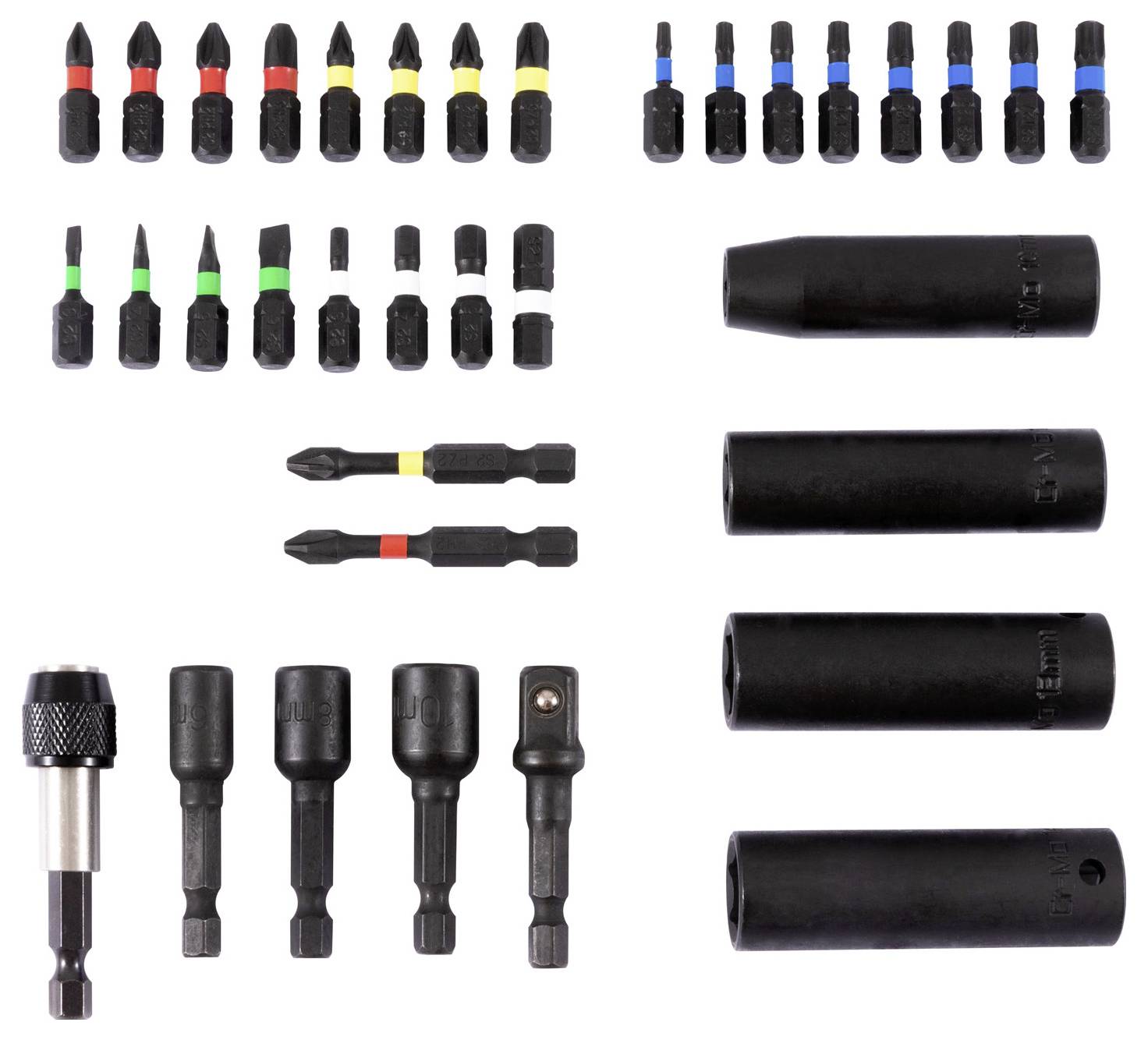 Tool set with various screwdriver bits, sockets, and adaptors organized on a white background. Bits feature colored bands for size identification.