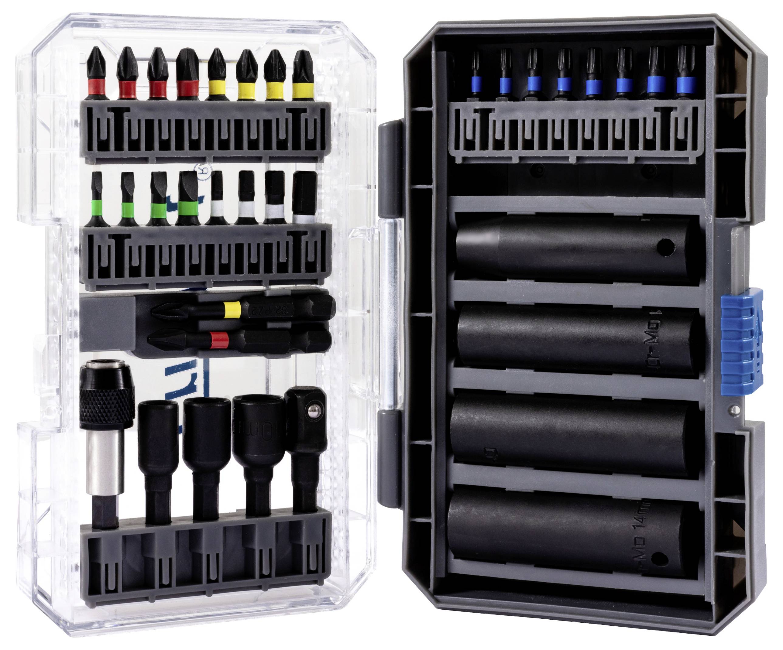 A plastic case open to show assorted drill bits and screwdriver heads in various sizes and colors, organized in rows for easy access.