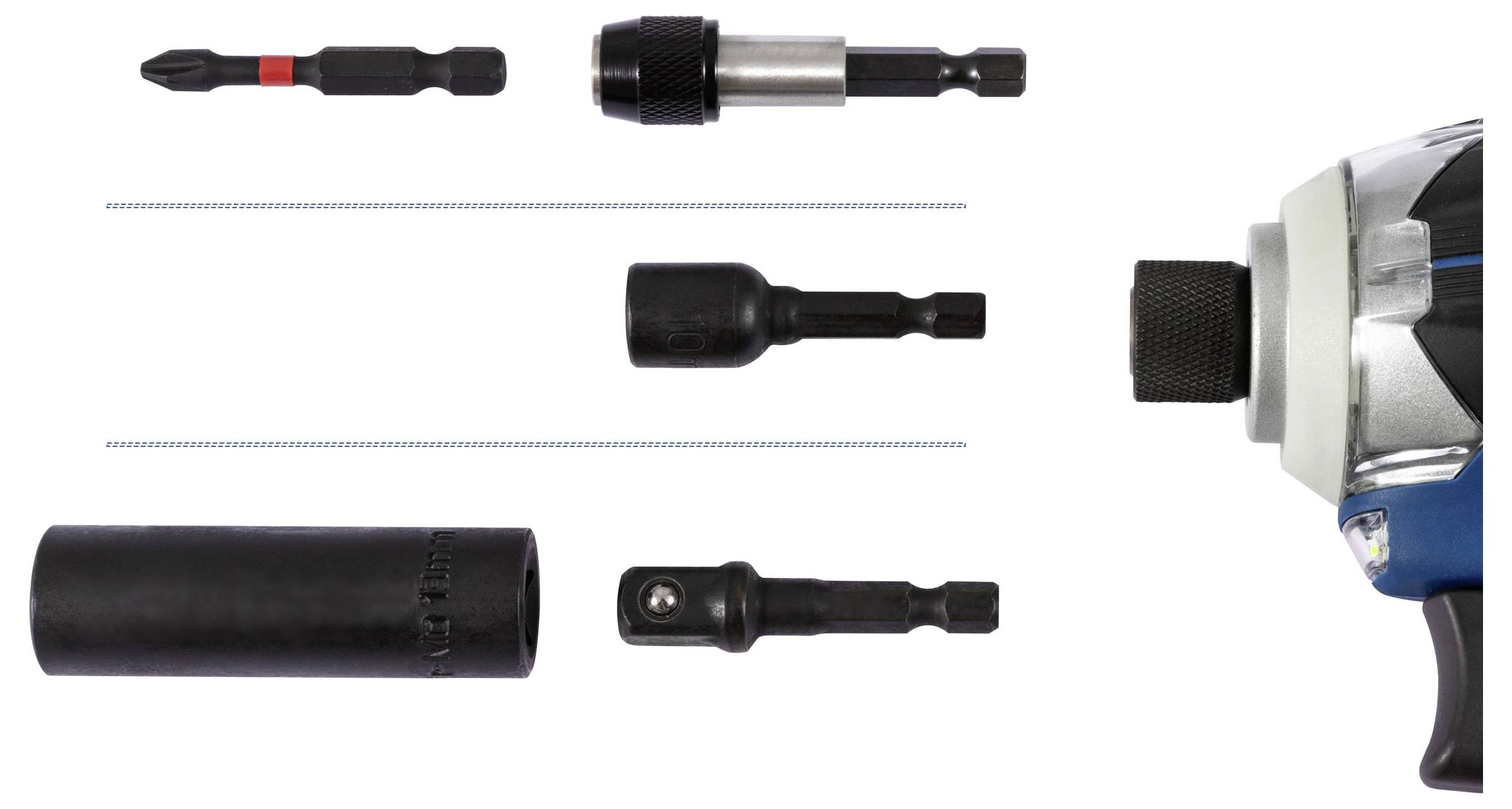 A power tool with various drill and driver bit attachments, including socket adapters and extensions, is displayed alongside it.