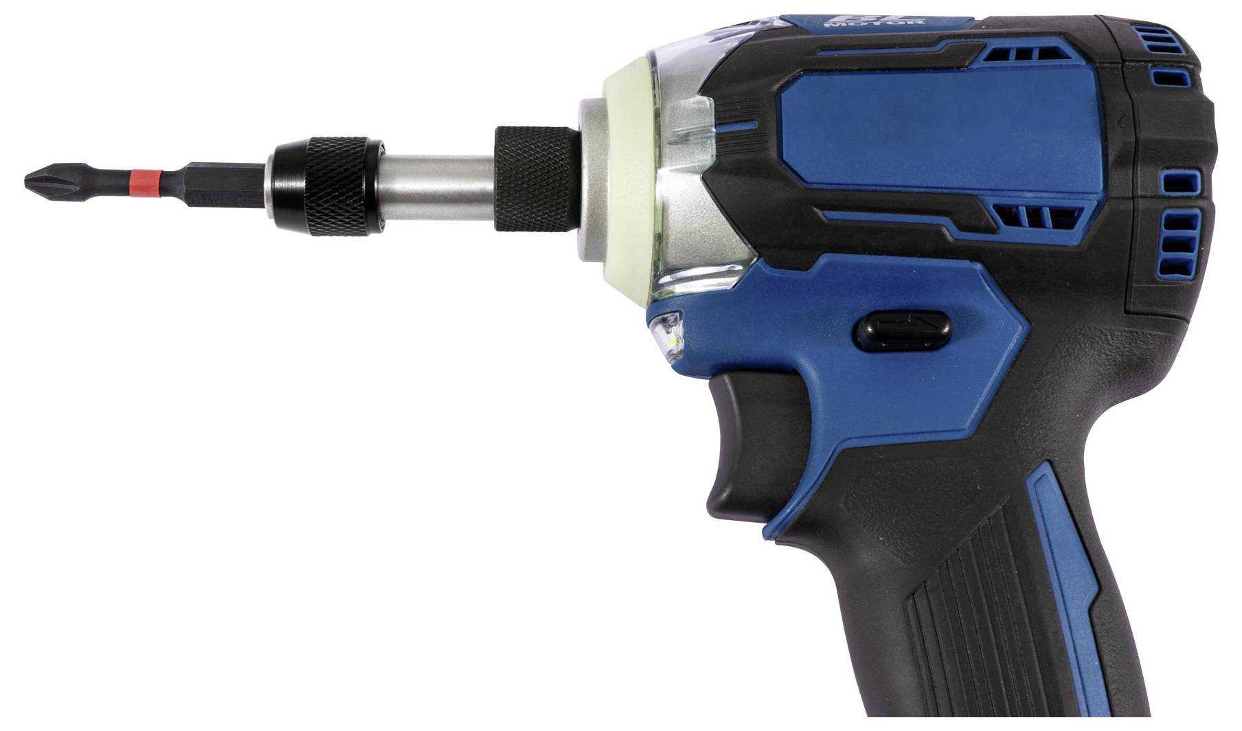 A blue and black cordless power drill with a long drill bit attached, showing its grip and trigger mechanism on a white background.