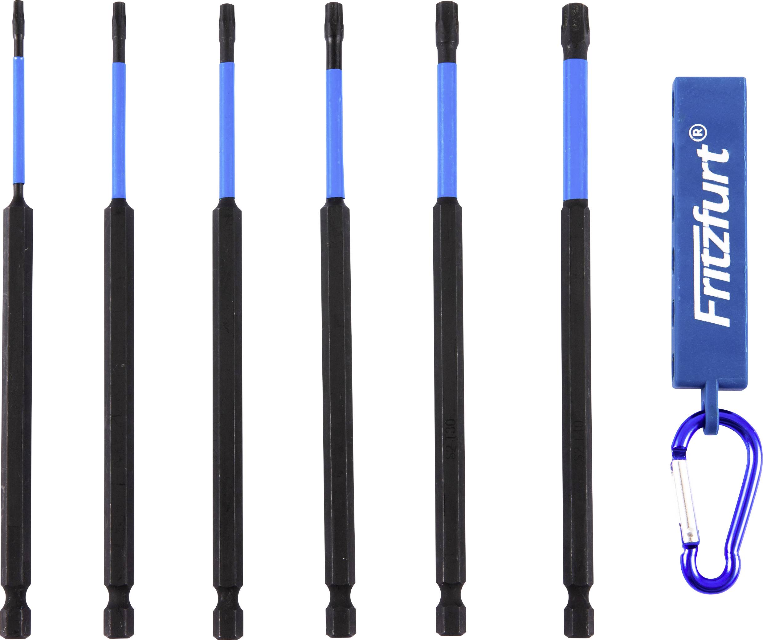 Six black and blue golf club alignment sticks with a blue carabiner featuring the brand 'Fritzfurt'.