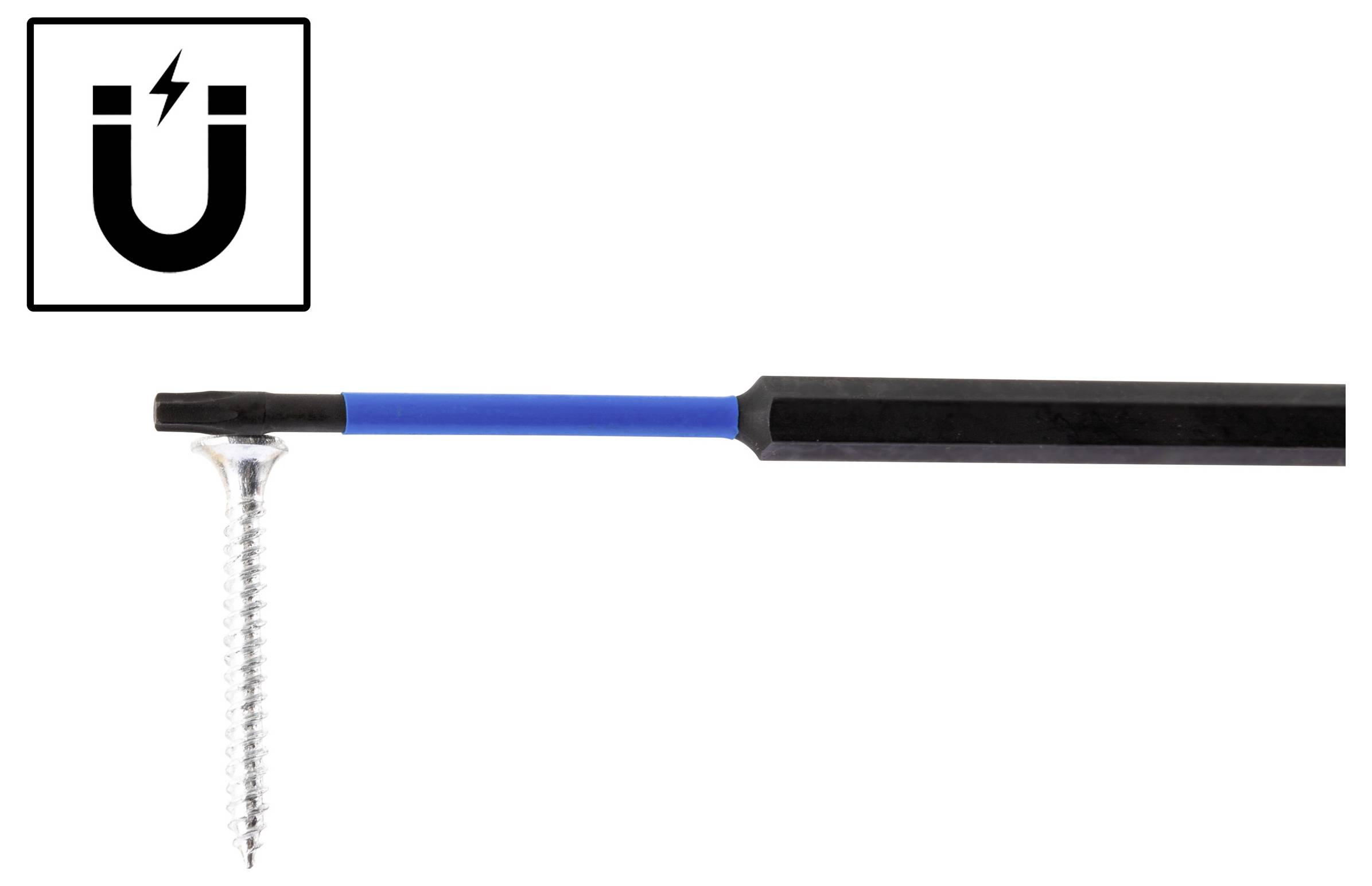 Magnetic screwdriver holding a screw horizontally.
