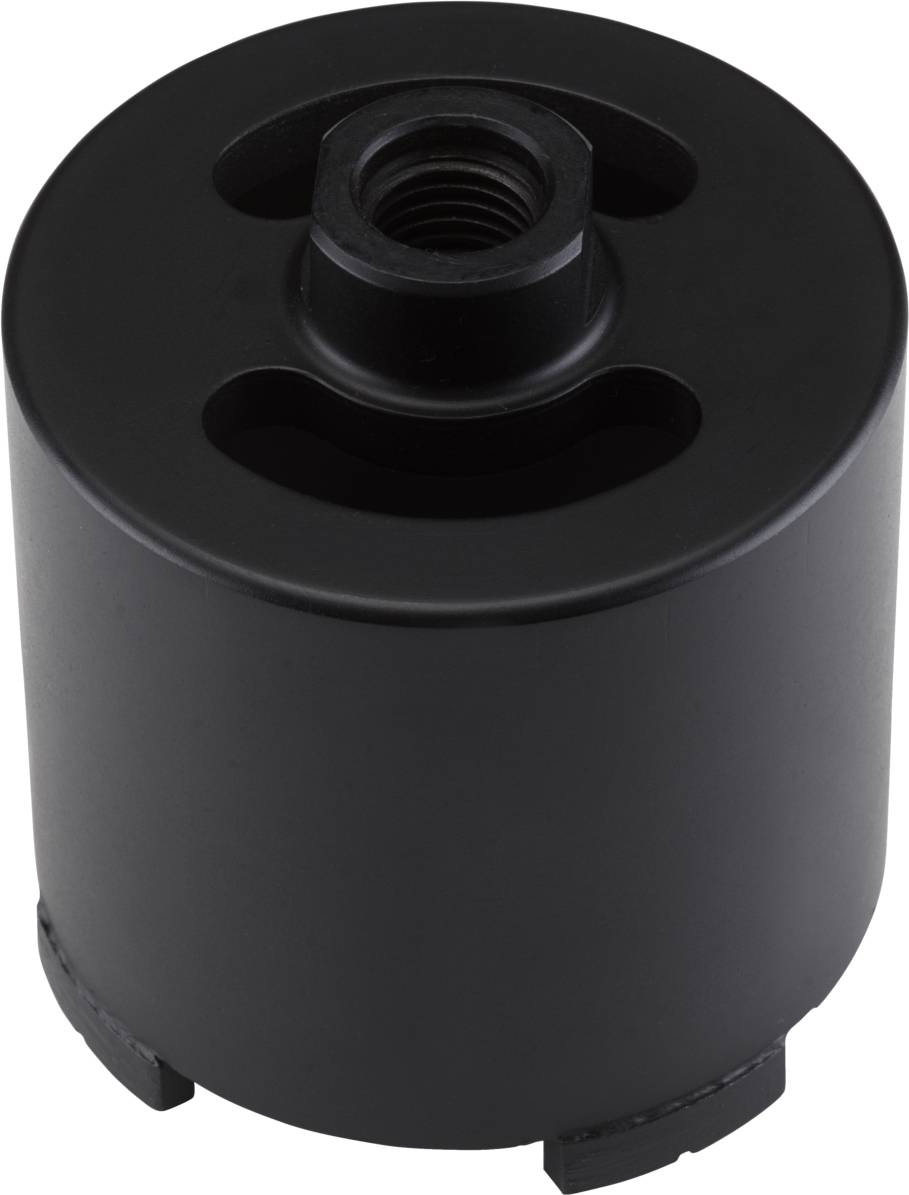 Black cylindrical adapter with a central threaded opening, used for connecting accessories to compatible devices or tools.