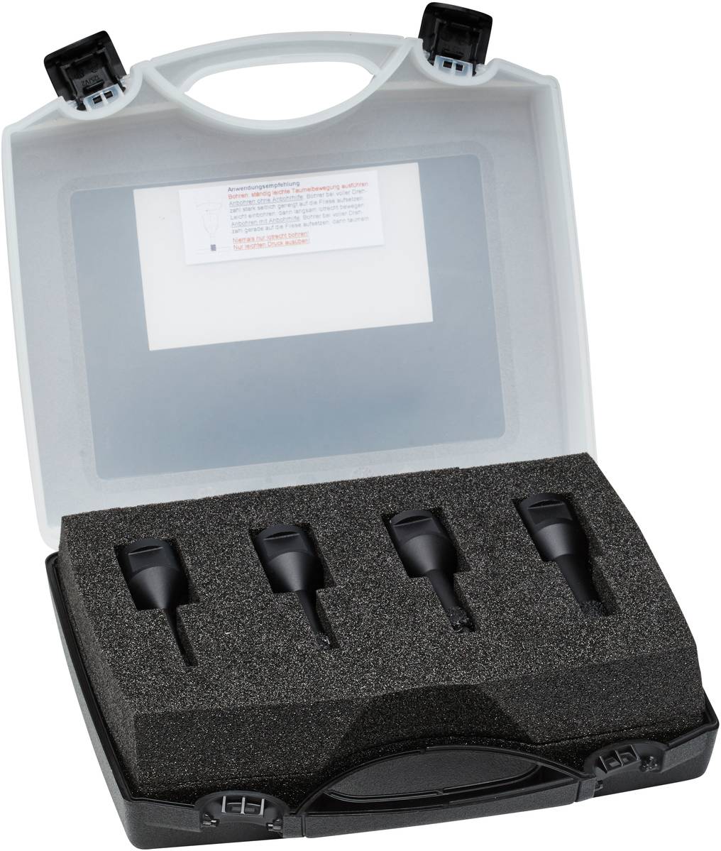 Black case with foam lining, contains four black devices. The case has a transparent lid with a writing field inside.
