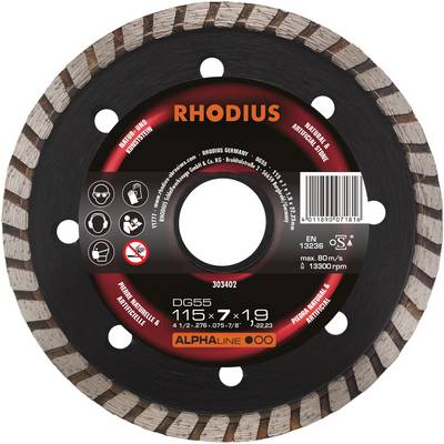 Diamond cutting disc with the inscription 'RHODIUS' and technical specifications, including size 115 x 7 x 19, max. 80 m/s.